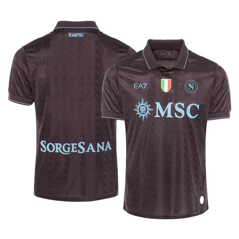 Troisième maillot EA7 du SSC Napoli 2025/26 avec Scudetto central et broderies