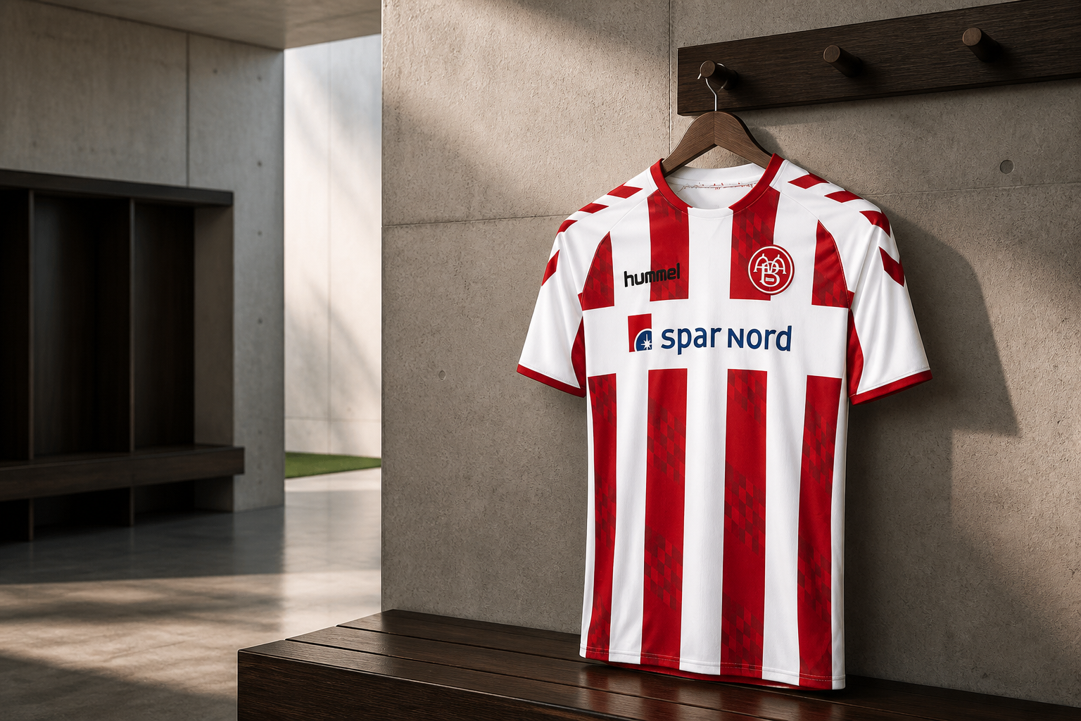 Maillot de football présenté dans un vestiaire contemporain